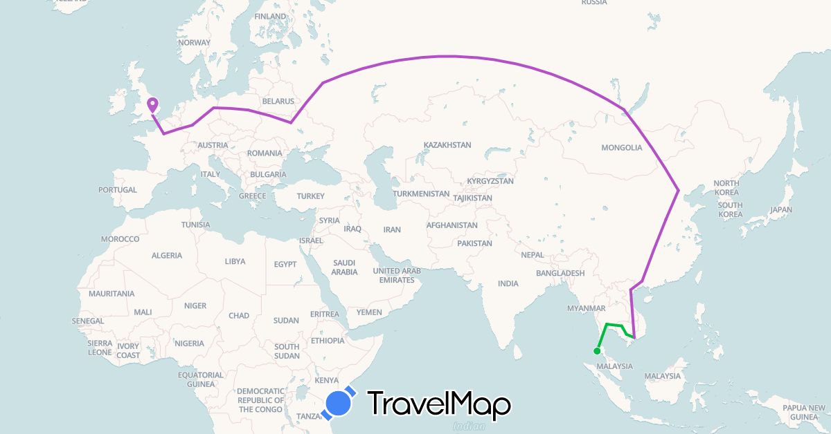 TravelMap itinerary: driving, bus, train in China, Germany, France, United Kingdom, Cambodia, Poland, Russia, Thailand, Ukraine, Vietnam (Asia, Europe)